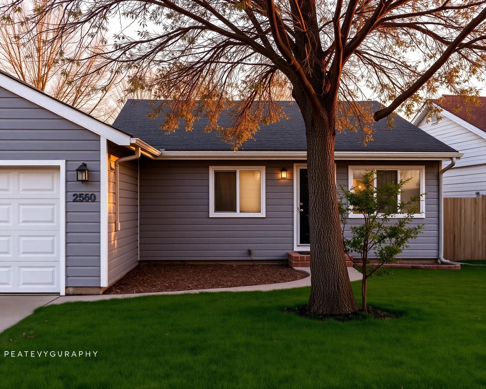 Single-family rental home exterior at golden hour